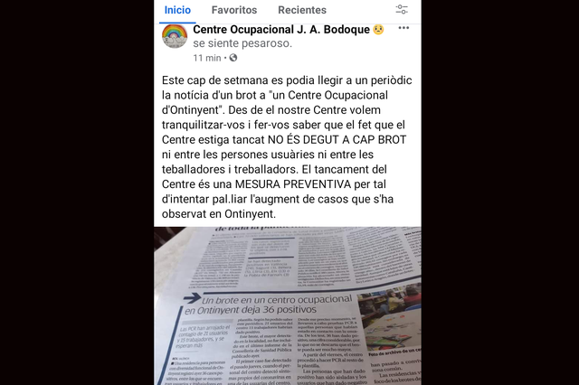 El Centro Ocupacional de Ontinyent no tiene brotes