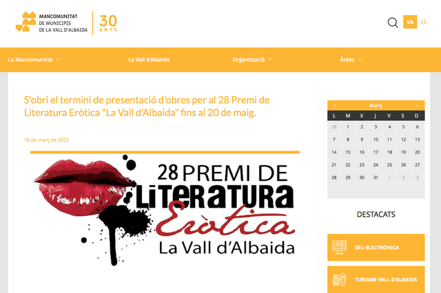 La Mancomunitat convoca el Premi de Literatura Eròtica 2022