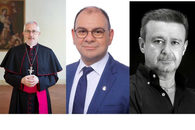 L'arquebisbe de Tànger, pregoner, i Rafael Torró, autor del cartell de les Festes de la Puríssima