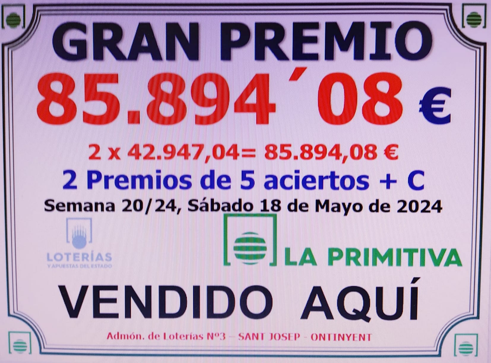 Premi de la Primitiva en Ontinyent