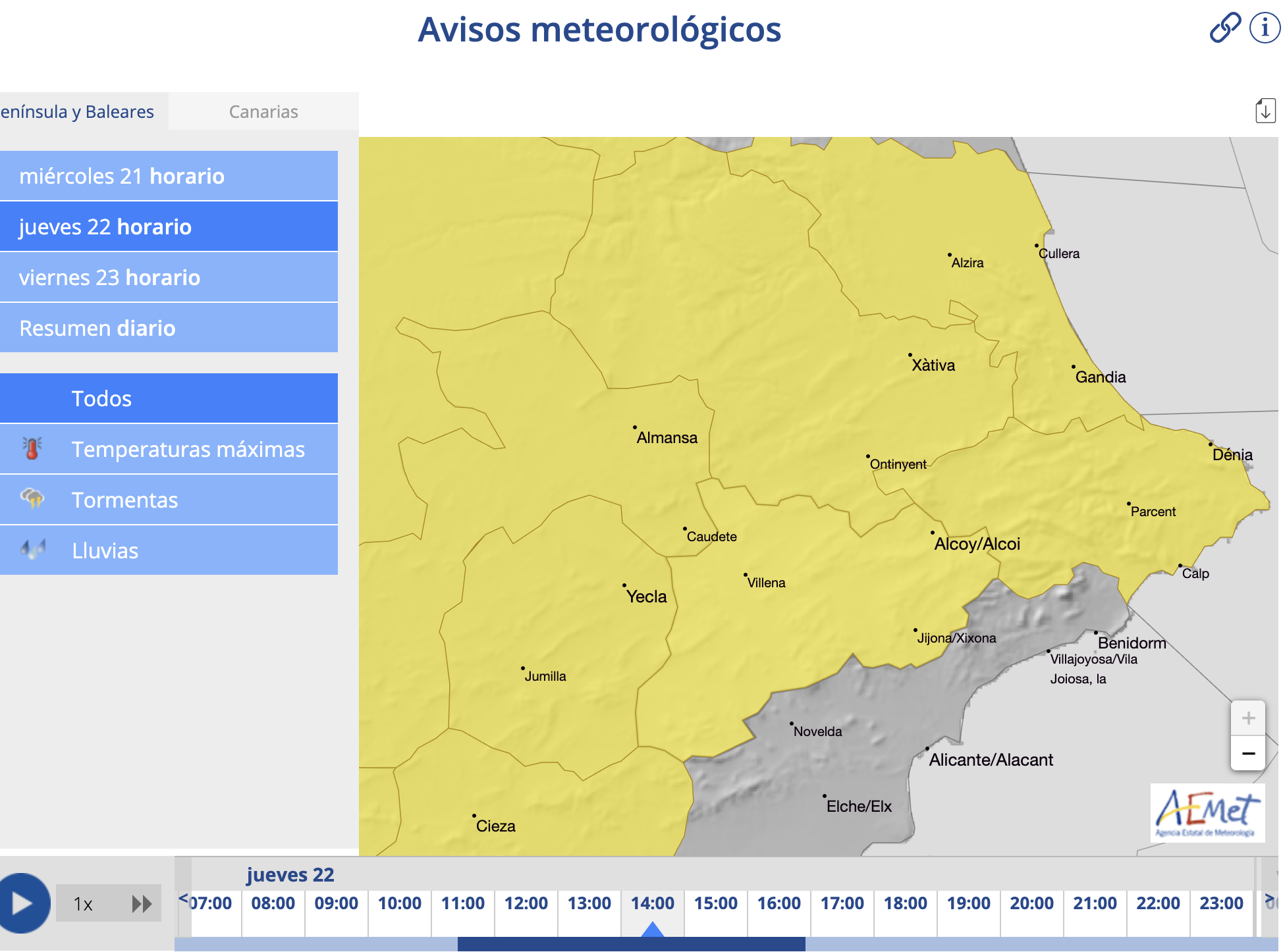 Mapa de avisos para mañana jueves