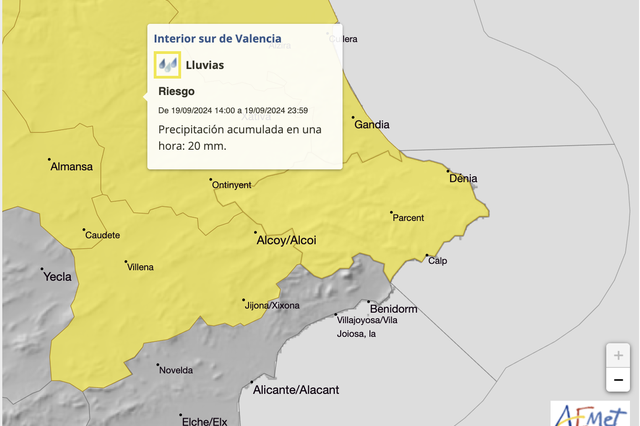 Alerta amarilla en Ontinyent a partir de las 14:00 h
