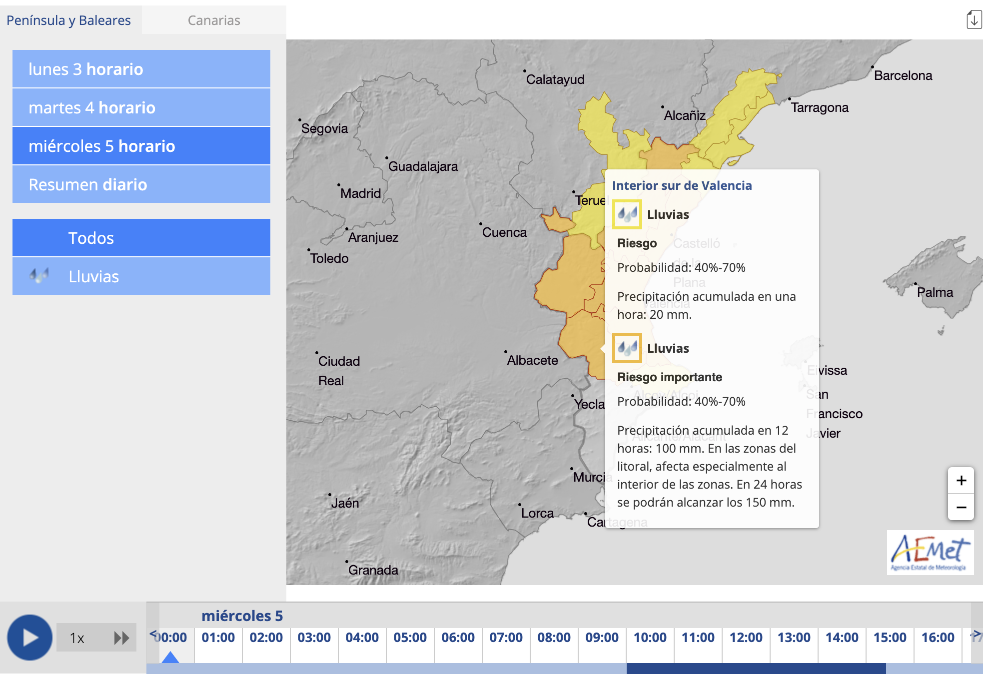 Mapa amb els nous avisos per pluges