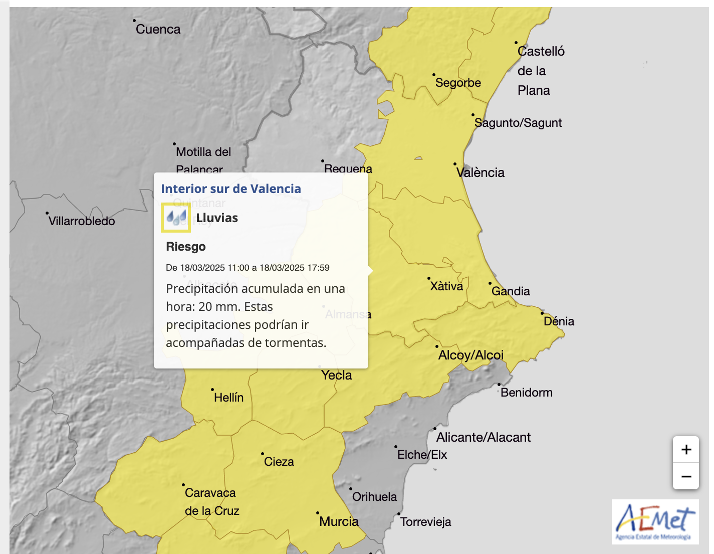 Mapa de avisos de AEMET para hoy martes