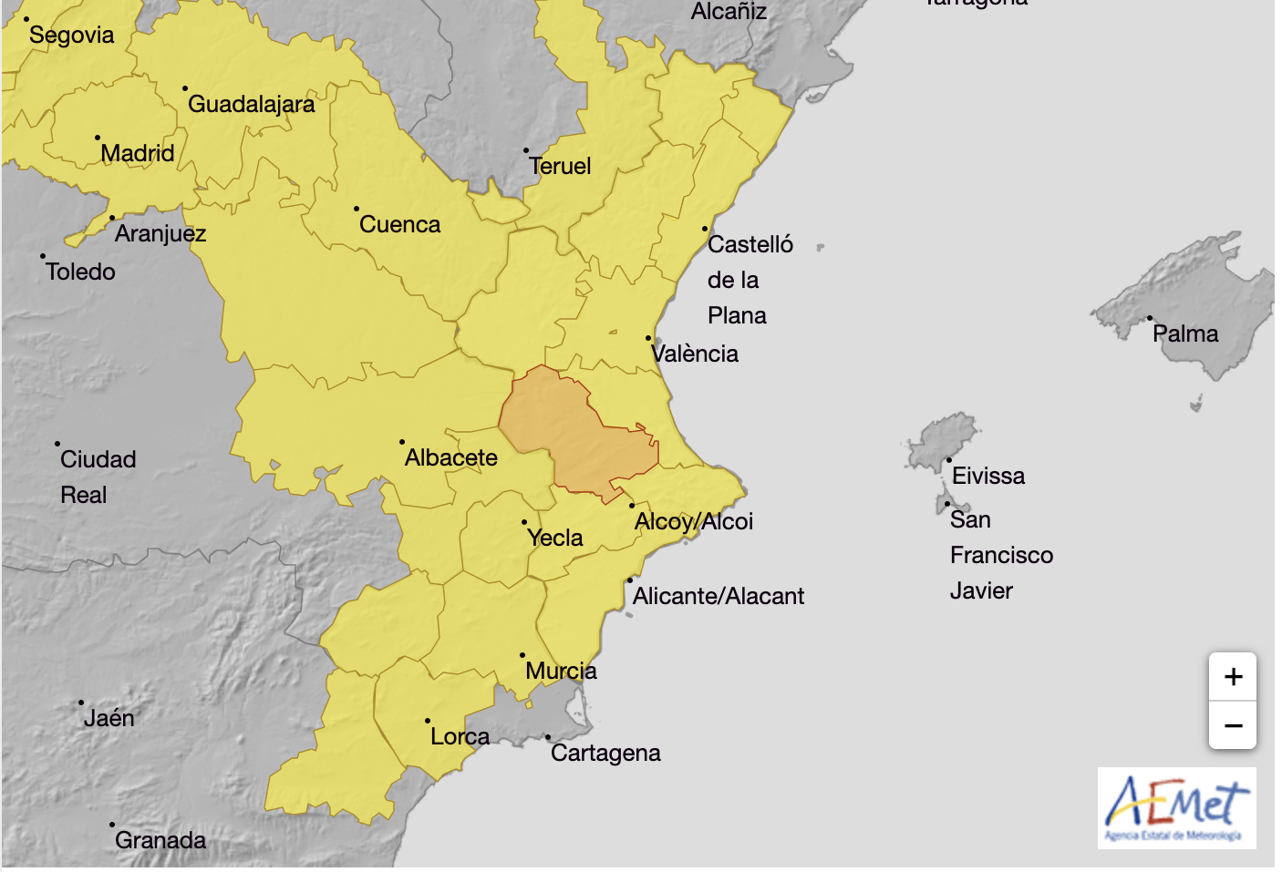 Mapa de avisos para el jueves día 8
