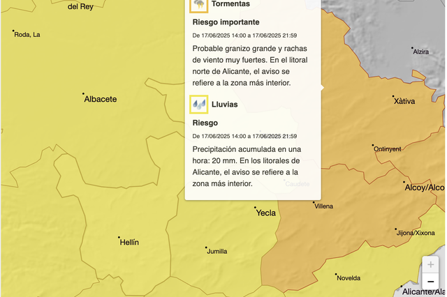 AEMET declara el aviso naranja para Ontinyent el martes por la tarde