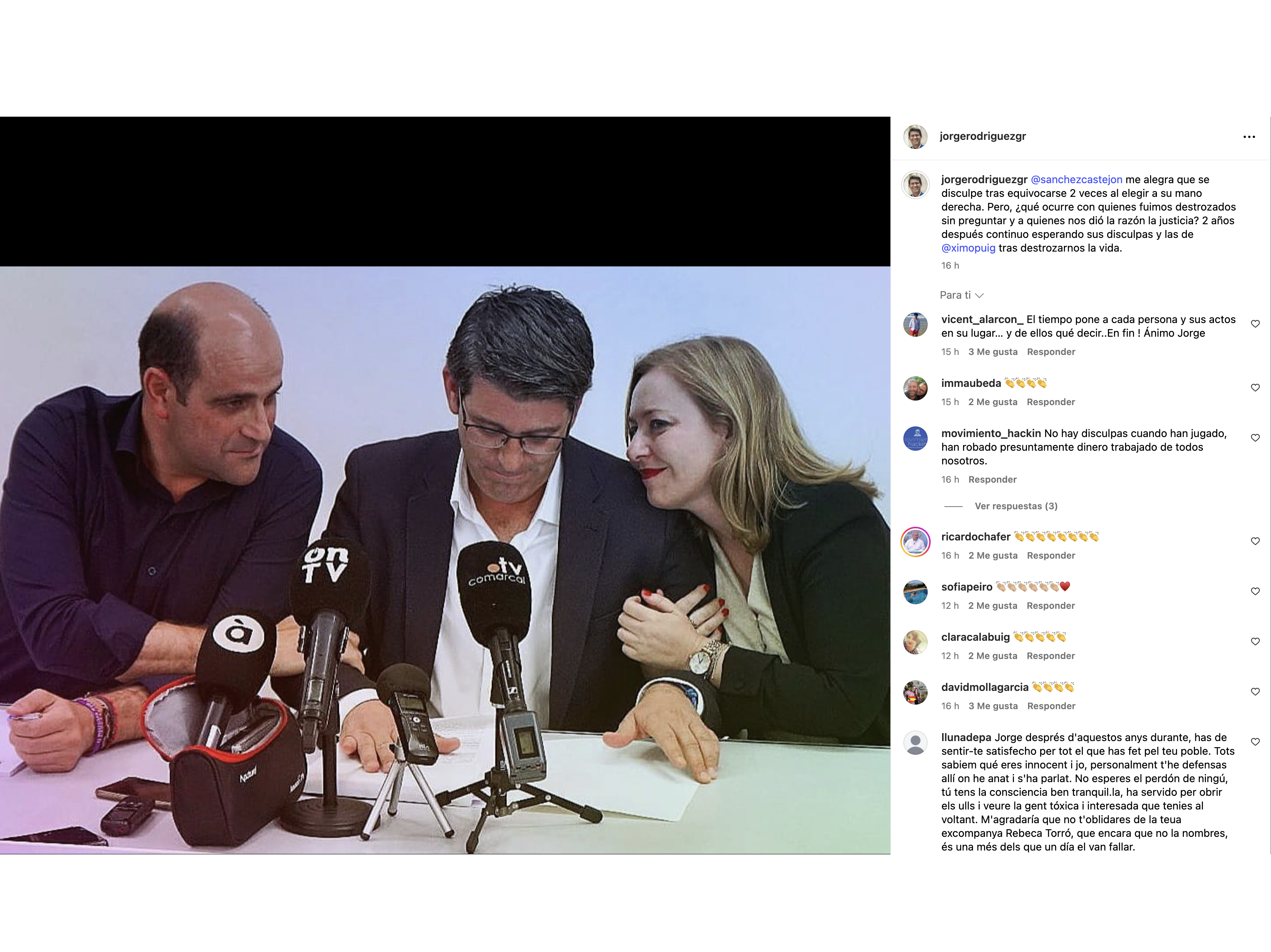 Comentari de Jorge Rodríguez en Instagram