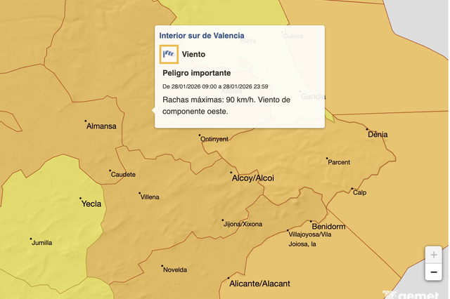 AEMET decreta l’avís taronja per a Ontinyent el dimecres